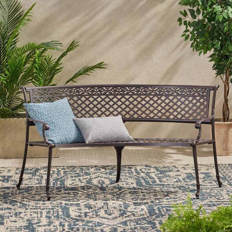 Roomfitters Outdoor Cast Aluminum Patio Bench with Lattice Backrest and Armrests, Copper Finish