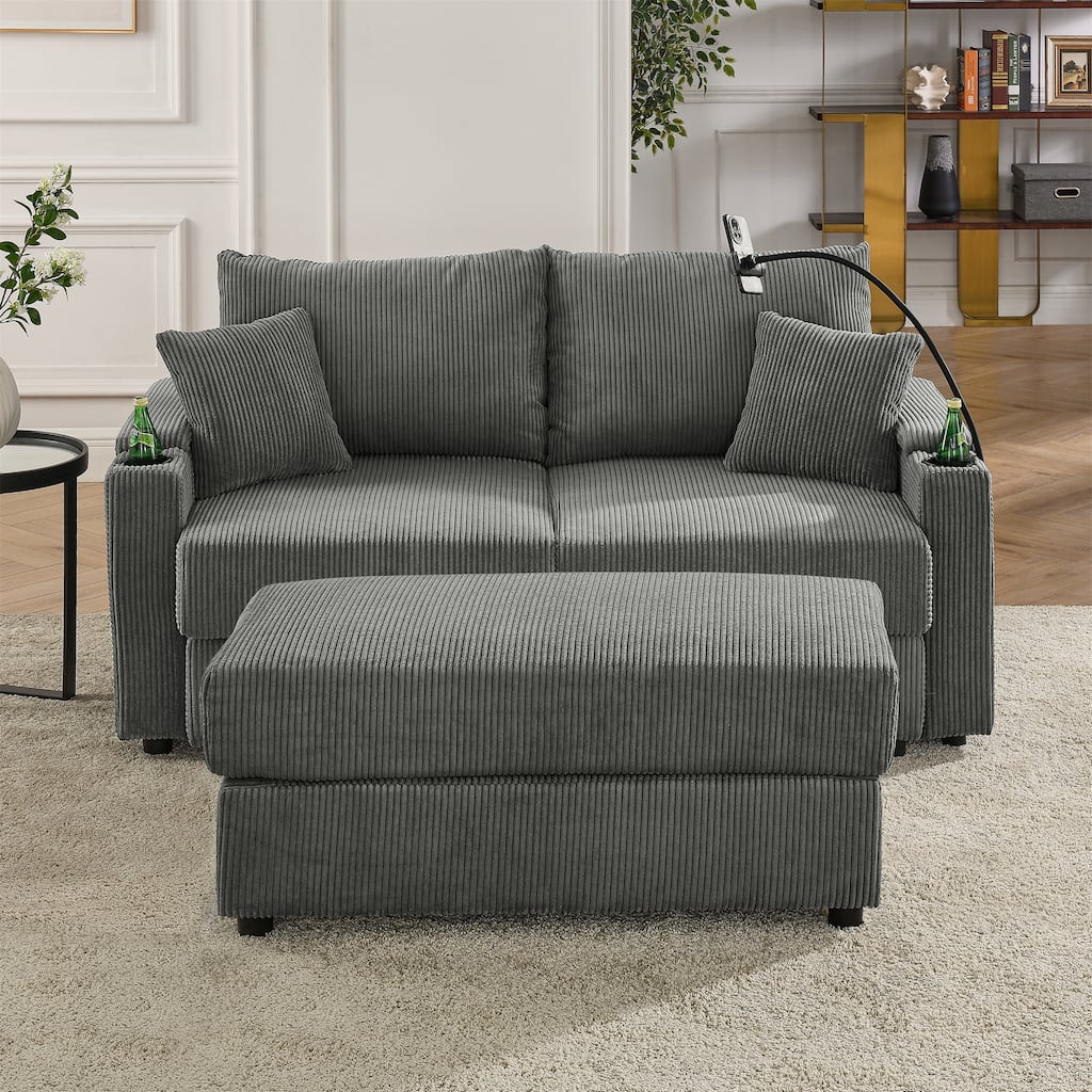 Deep Seat Loveseat Sectional Sofa Corduroy Upholstered Lounge Couch with Ottoman, Storage Armrests, Cup Holders and Phone Stand