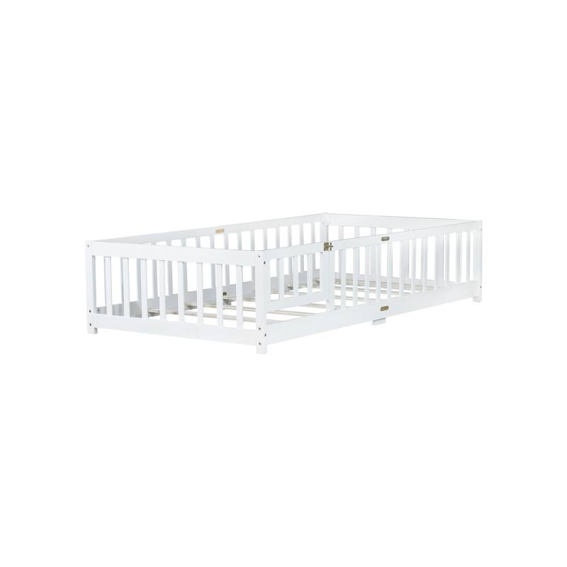 Twin Size Floor Bed with Fence and Door, Rubber Wood Floor Bed with Safety Guardrails