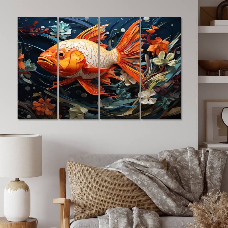 Designart "Geometric Orange Fish I" Animals Multipanel Canvas Print set - 48 In. Wide X 28 In. High - 4 Panels Equal Panels