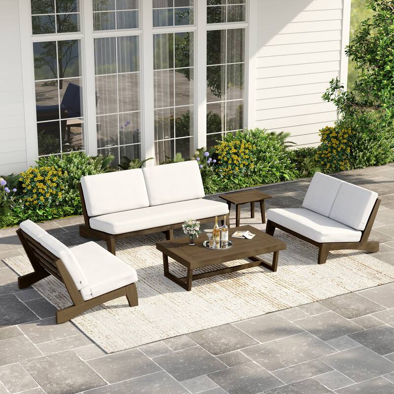 Casual Teak Outdoor Patio Conversation Set with Cushioned Sofa Loveaseat