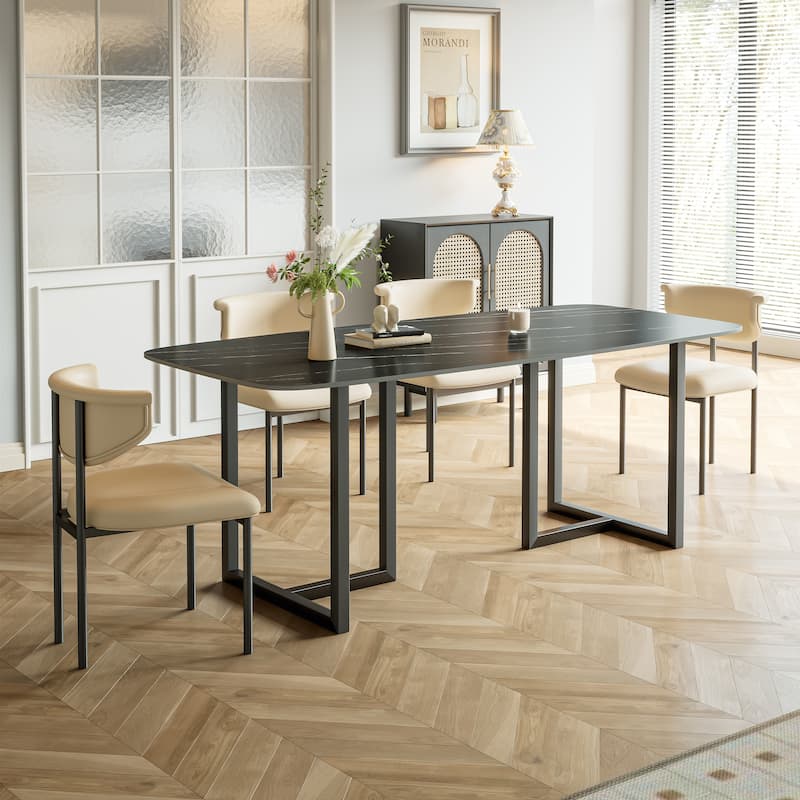Carbon Steel Dining Table with Stone Surface - Black+Gold