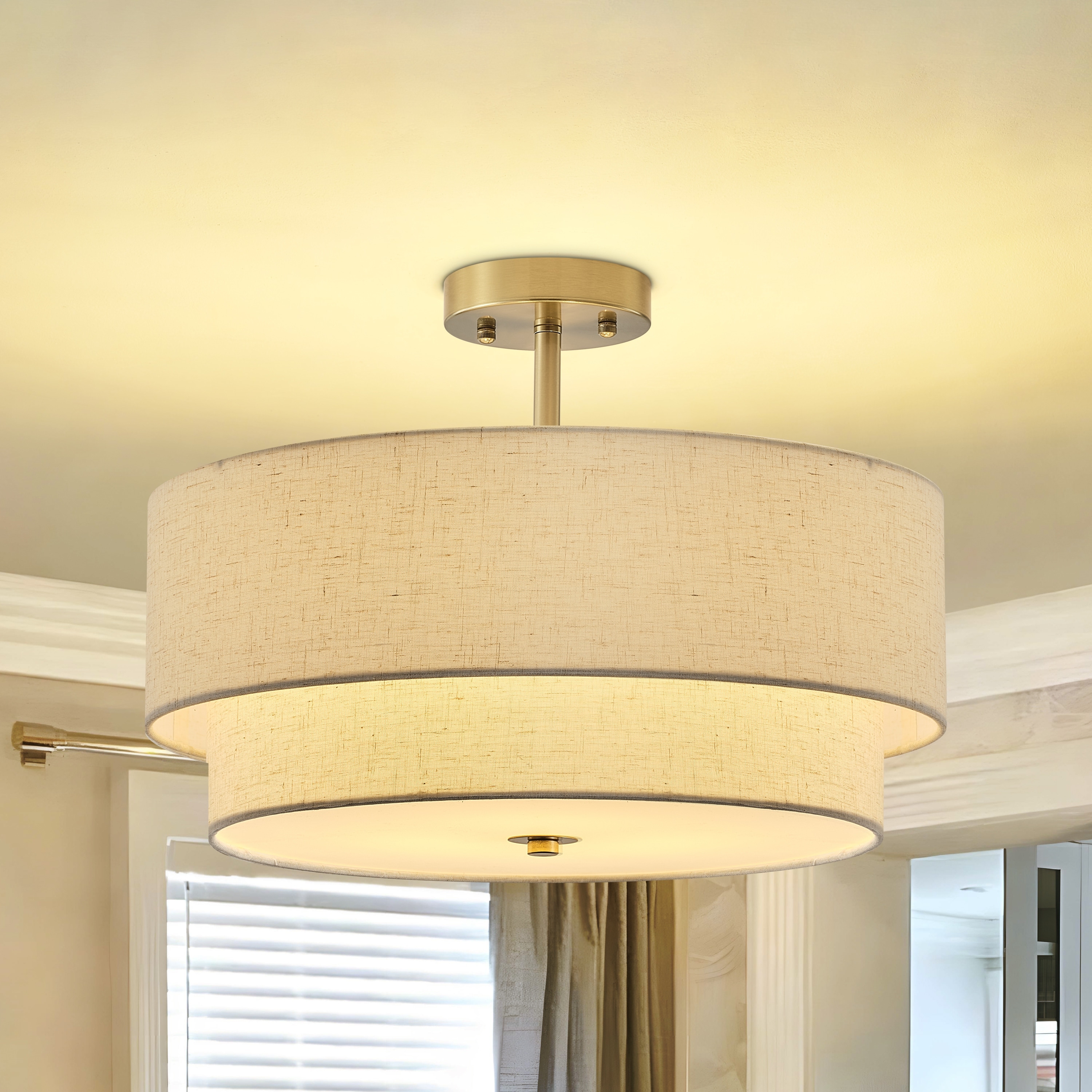 Starsky Modern Gold 3-light Dual Fabric Drum Shade Semi Flush Mount Ceiling Light for Dining Room Living Room Entryway - 2-Tier