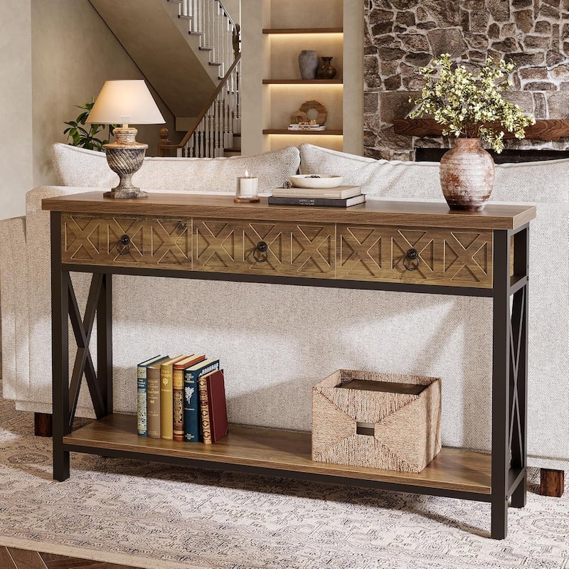 55" Farmhouse Narrow Console Table with 3 Drawers, Long Rustic Entryway Table with 2-Tier Storage Shelf