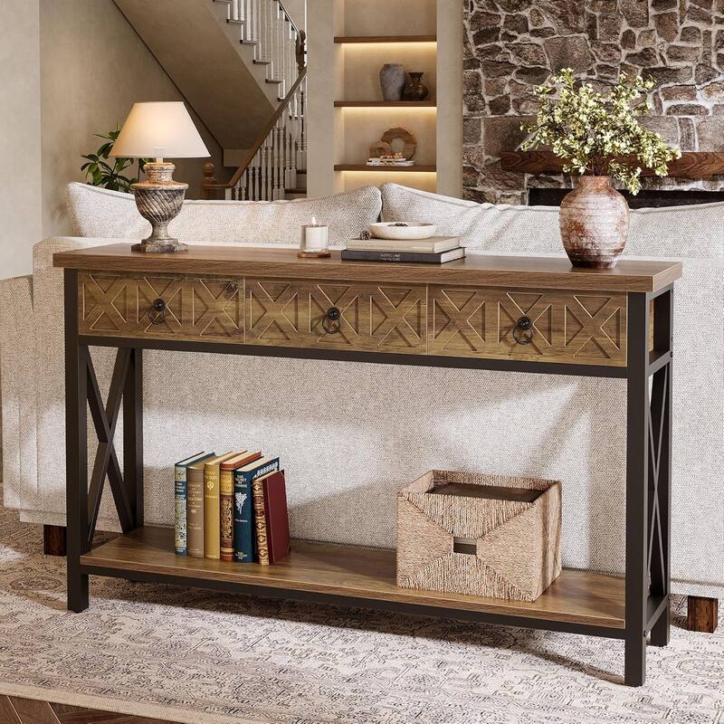 Farmhouse Narrow Console Table with 3 Drawers, 55" Long Rustic Entryway Table with 2-Tier Storage Shelf - Wood - Brown and Black
