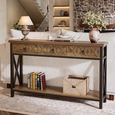 Farmhouse Narrow Console Table with 3 Drawers, 55" Long Rustic Entryway Table with 2-Tier Storage Shelf