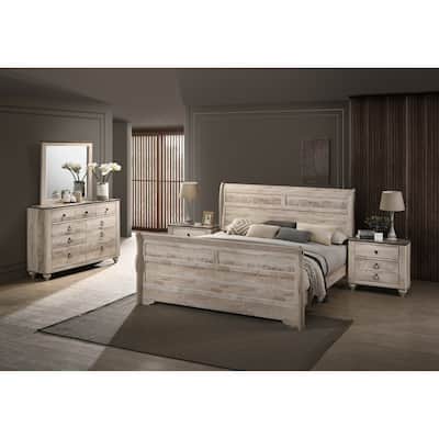 Imerland Contemporary White Wash Finish Bedroom Set with King Sleigh Bed, Dresser, Mirror, Two Nightstands