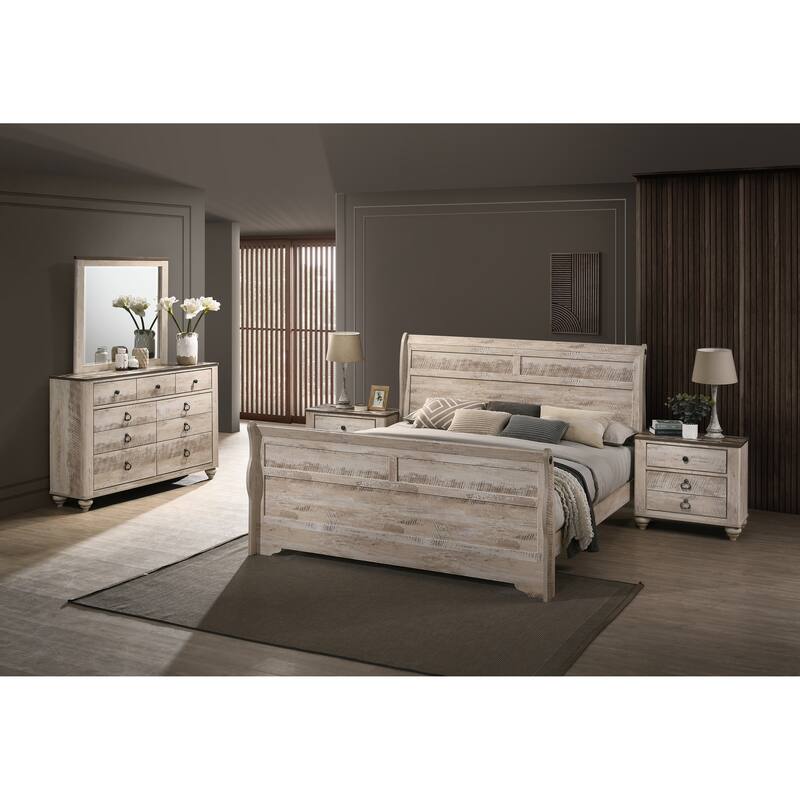 Roundhill Furniture Imerland Contemporary White Wash Finish Bedroom Set with Sleigh Bed, Dresser, Mirror, Two Nightstands - King