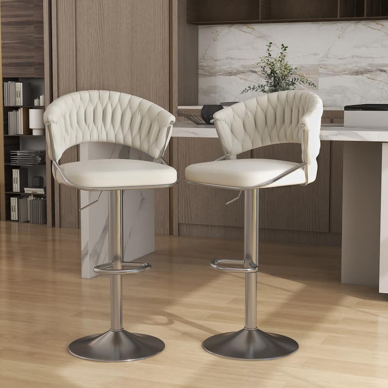 Set of 2 Modern Velvet Adjustable Bar Stools with Backs - Set of 2 - Ivory Silver