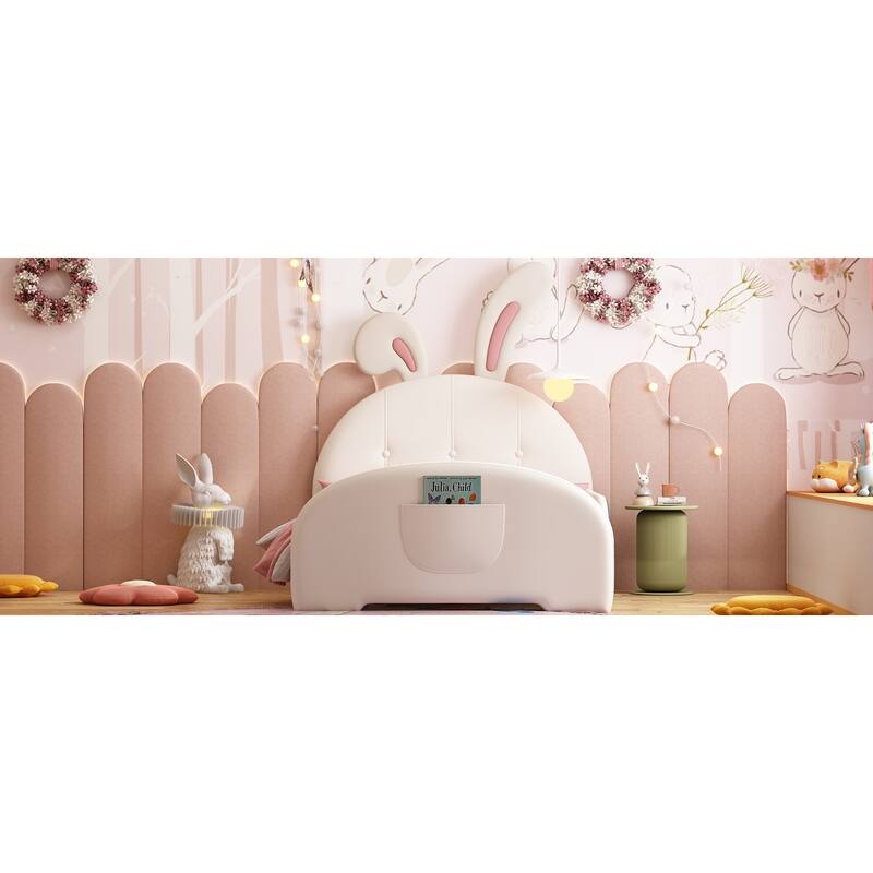 Twin Size Rabbit-Shaped Upholstered Princess Bed with Headboard and Footboard, White