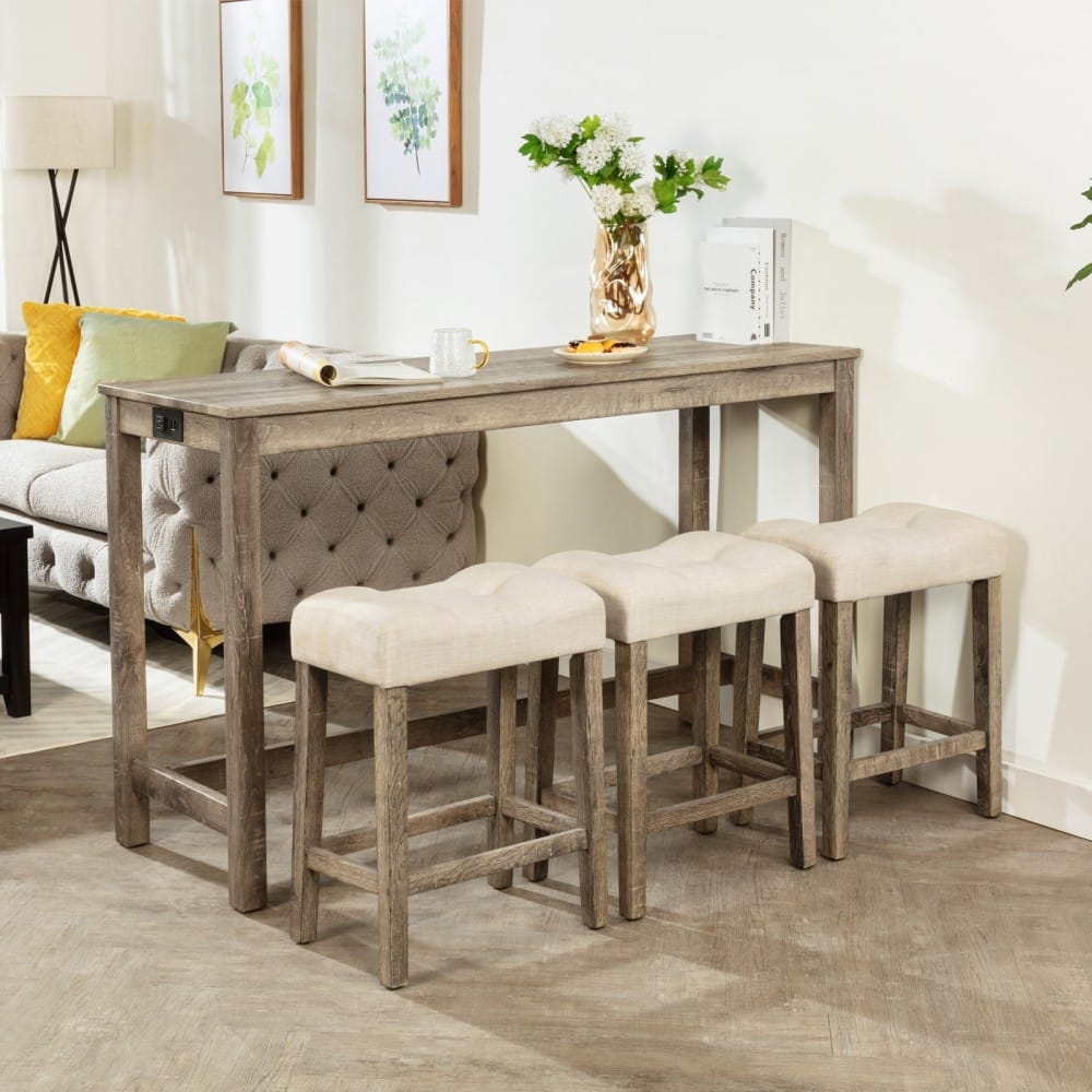 Modern Rubber Wood 4-piece Bar Table Set with Power Outlet and 3 Padded Stools