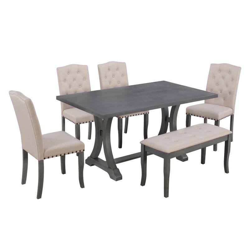 6-Piece Farmhouse Dining Set with Rectangular Trestle Table and 4 Upholstered Chairs and Bench