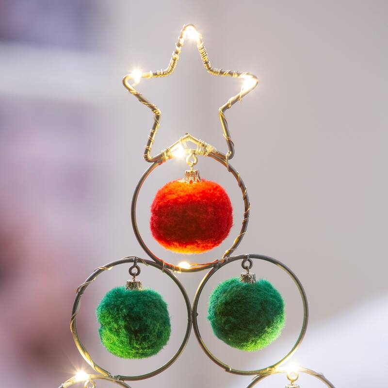 LED 16" Metal Tree with Pom Pom Ornaments Table Decor