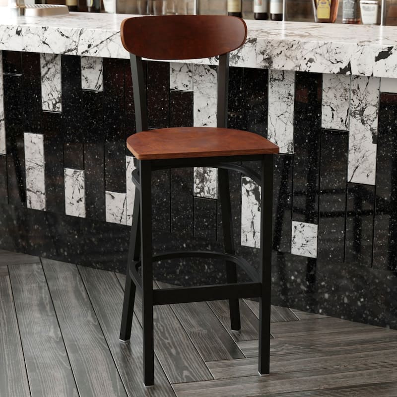 Commercial Metal Barstool with Wood Seat and Boomerang Back