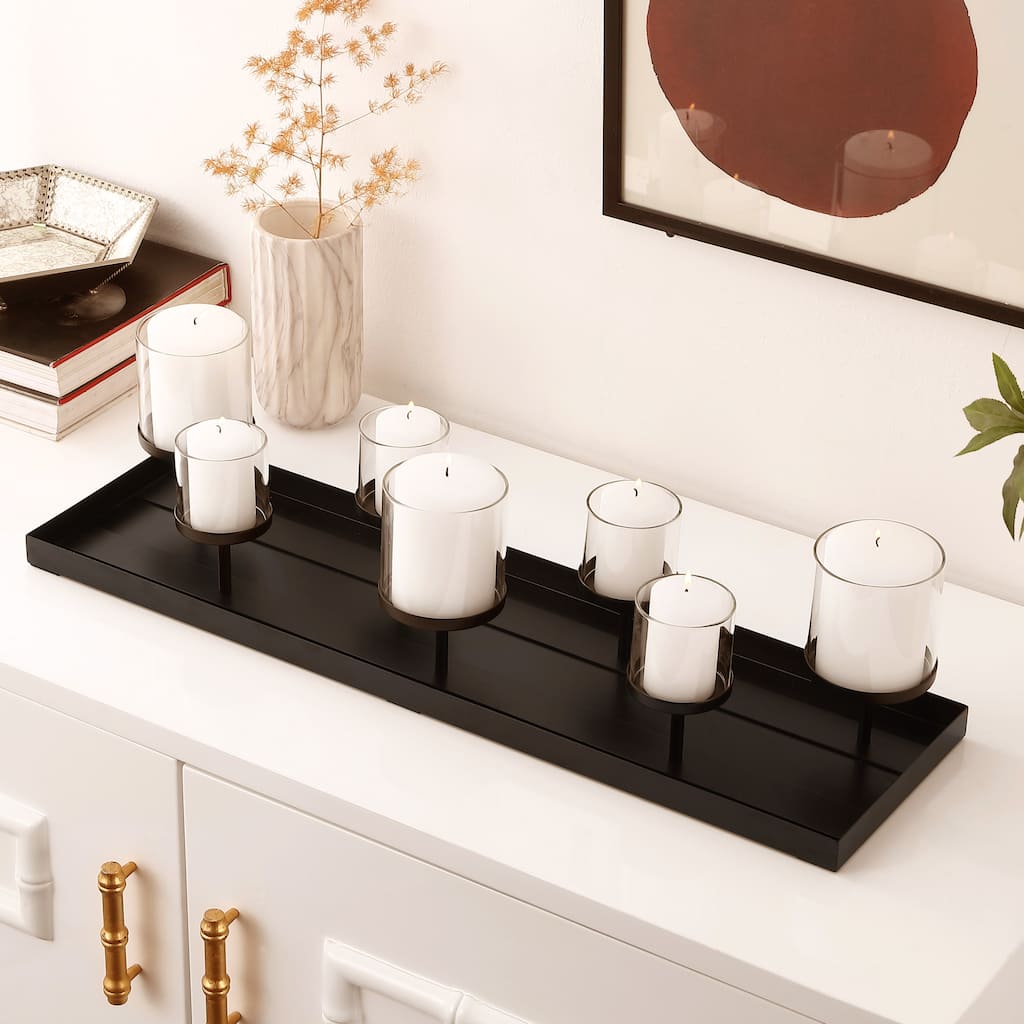 SAFAVIEH Home Kiki 28W x 7.9D x 6.3H-inch Black Metal/Glass Candle Holder Centerpiece