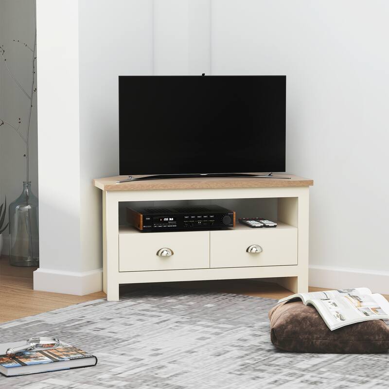 Modern Corner TV Stand Entertainment Center TV Console Table up to 50" with 2 Drawers and 1 Open Shelf, for Living Room, White