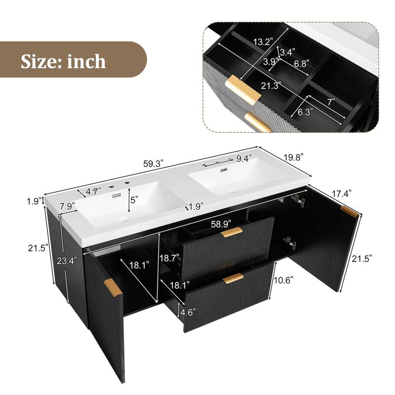 59.3" Double Sink Bathroom Vanity, Wall Mounted Cabinet with SMC Integrated Top, Soft-Close Storage Drawers