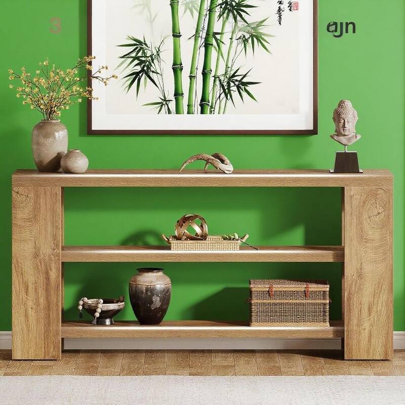 Brown Wooden 3-Tier Farmhouse Console Table with Extra-Long Shelf - 70.87” L x 11.61 W x 33.46 H