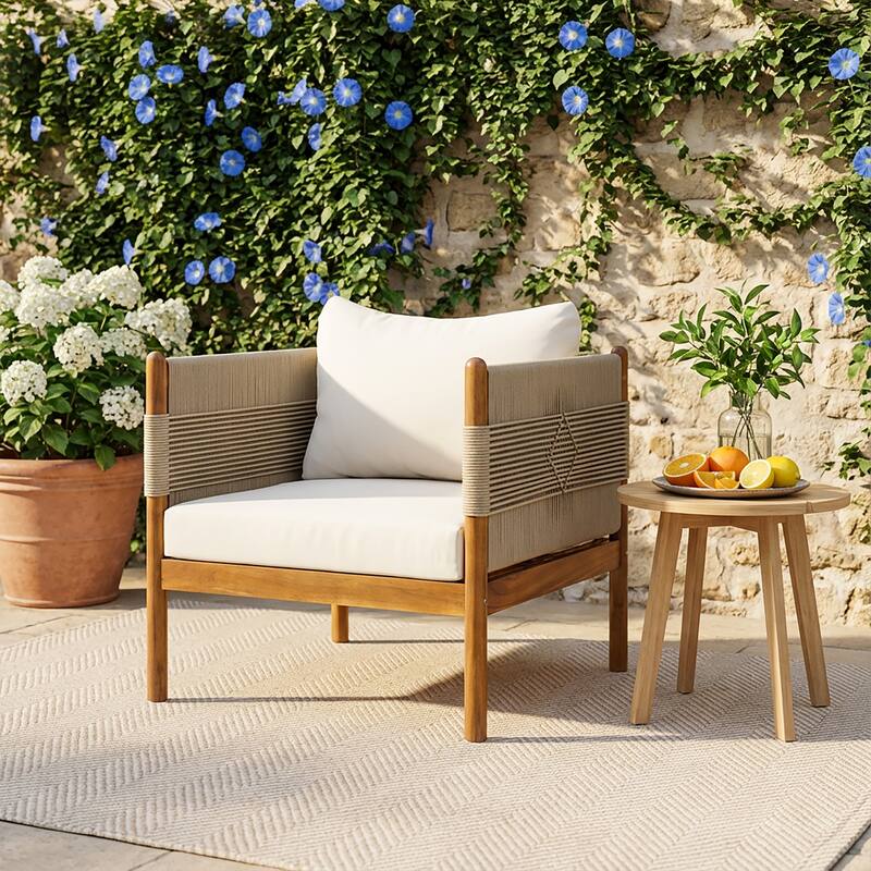 Christopher Knight Home - Outdoor Patio 29.72" Acacia Wood Club Chair with Handwoven Rope Panels and Cushions - Beige,Cream,Teak finish - 1-piece