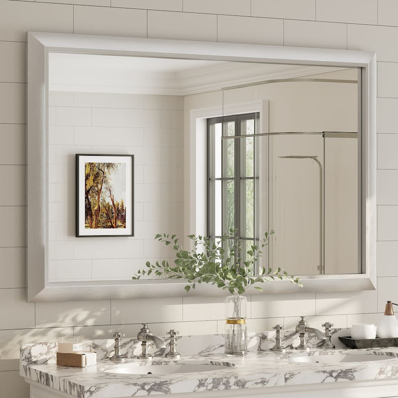 Beveled Metal Rectangle Framed Bathroom Vanity Tempered Glass Mirrors - 55" x 36" - Silver