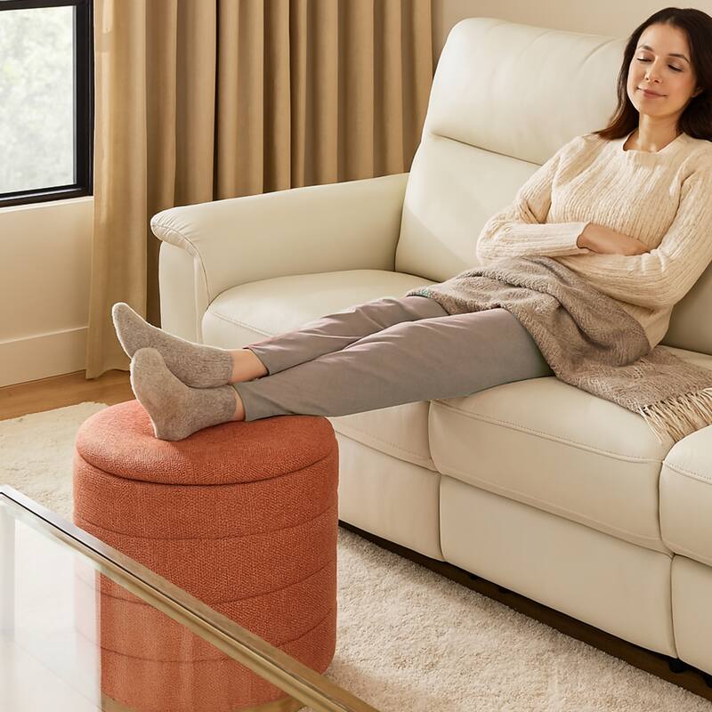 Modern Cylinder Ottoman with Hidden Storage Linen Upholstery Seat