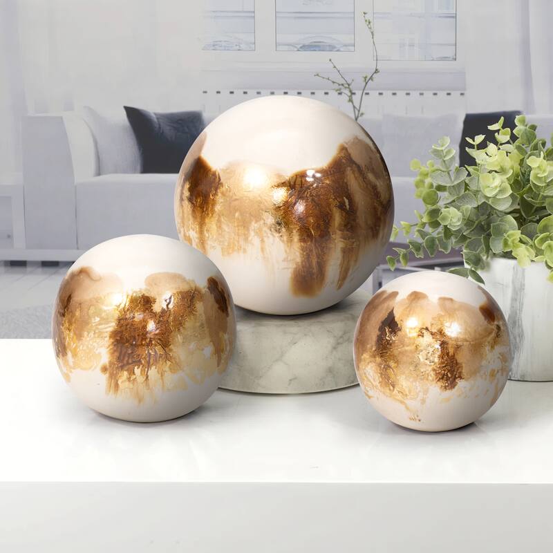Sagebrook Home Set Of 3 4/5/6" Metal Abstract Round Galaxy Orbs - Pearl/Gold - 6" W x 6" L x 6" H