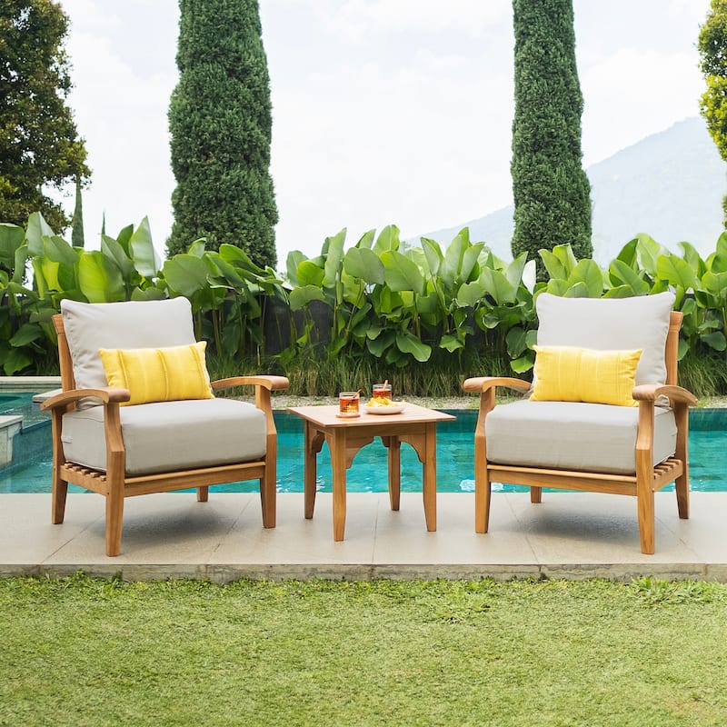 Cambridge Casual Leon 3-piece Teak Patio Chat Set with Cushions - Natural Teak/Beige Cushion