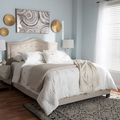 Farmhouse Queen Bed - Beige Upholstered Bed with Button Tufted Headboard & Low Footboard
