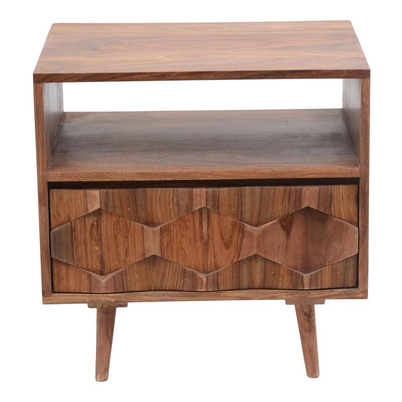 Boho Nightstand - Sheesham Wood Accent Table, Retro Modern Design, 22"x16"x22"