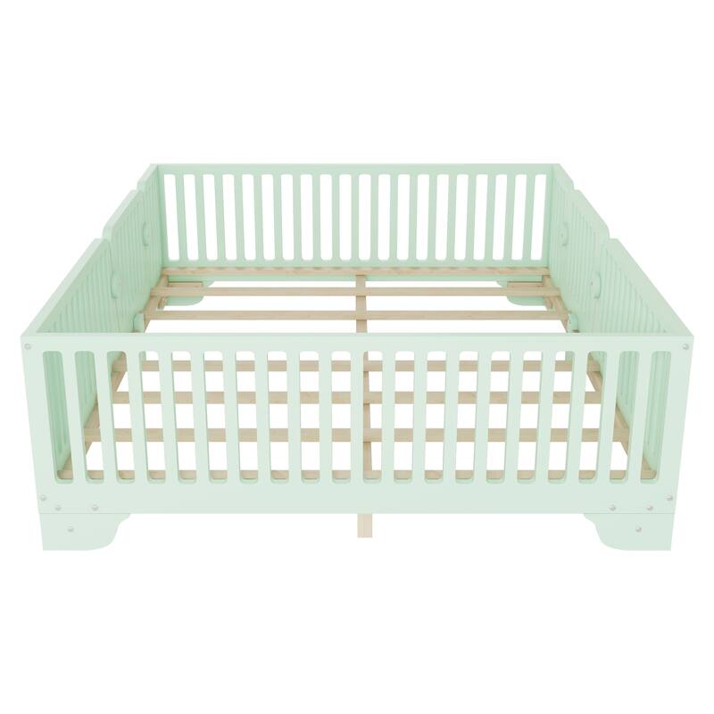 Montessori Floor Bed with Detachable Door, No Box Spring Needed, Kids Platform Bed with Slats and Fence