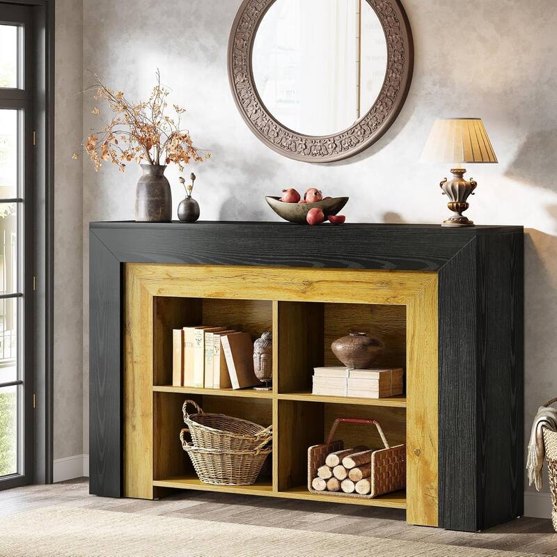 47-Inch Black & Brown 3-Tier MDF Entryway Table, Farmhouse Rectangle Sofa Table with Storage for Living Room
