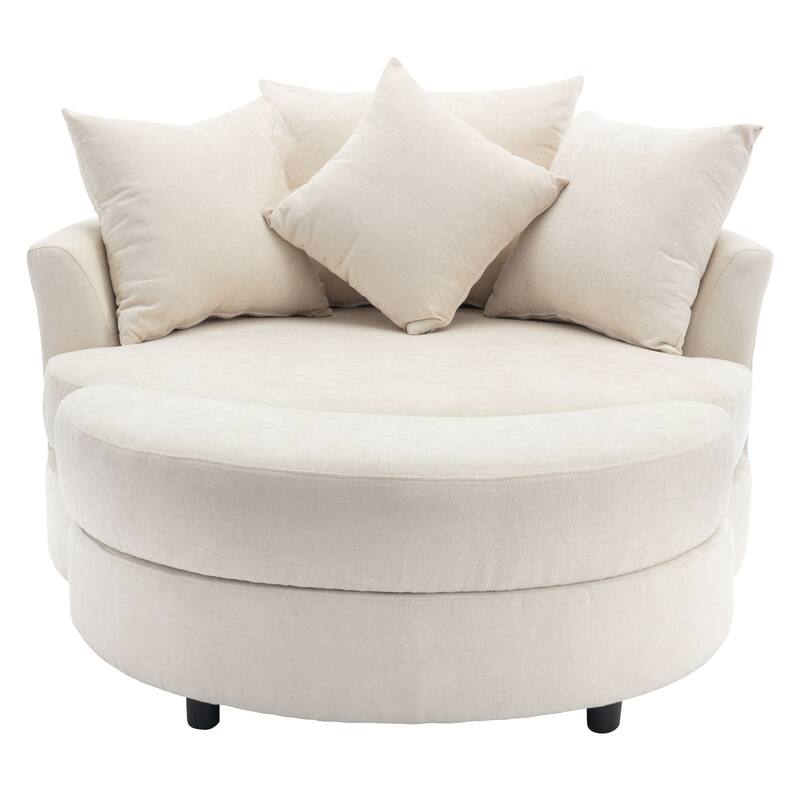 Roomfitters Modern 360° Swivel Barrel Chair with Hidden Storage Ottoman, Chenille Upholstery and Four Pillows