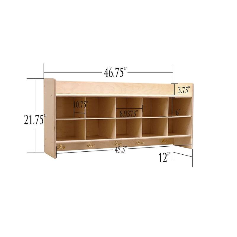 Contender 10 Section Wall Mount Classroom Storage Organizer, Cubby Shelving with Orange Trays and Hooks