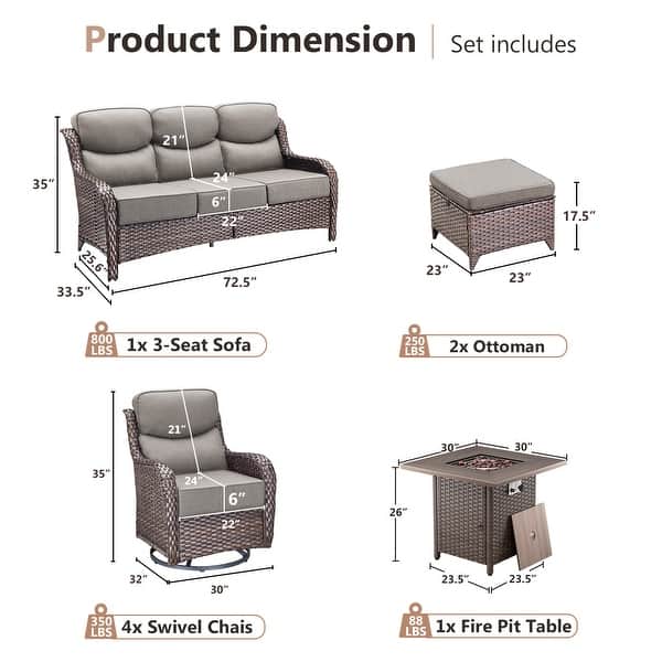 dimension image slide 3 of 11, Pocassy Outdoor Wicker Sofa with Swivel Chair Fire Pit Table Furniture Set.