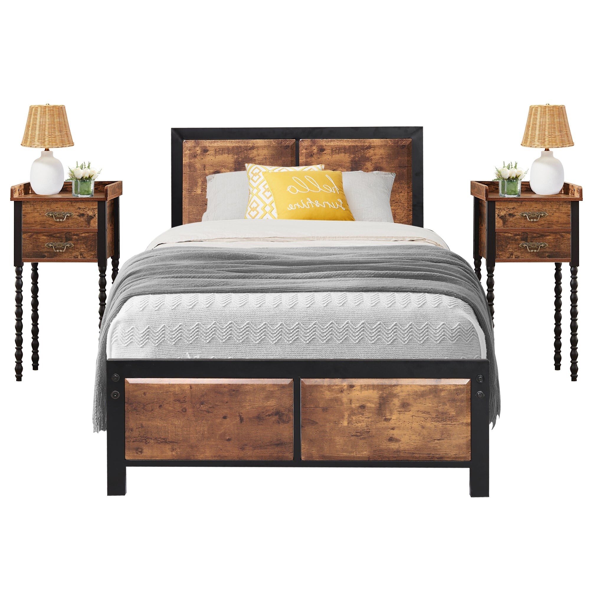 Rustic Transitional Look Solid wood 3pc Queen Size Bed 2x Nightstands  Natural Tone Low Profile Bed w/ Plank Panel Headboard 