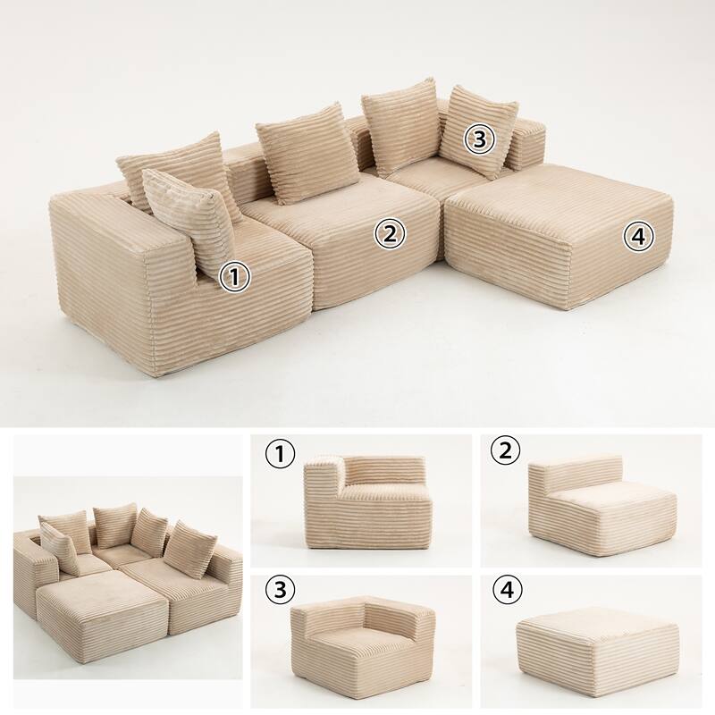 Floor Standing Deep Seat Sofa Corduroy Modular L-shaped Sectional Sofa with Chaise Lounge Compressed Sofa with Ottoman - Beige