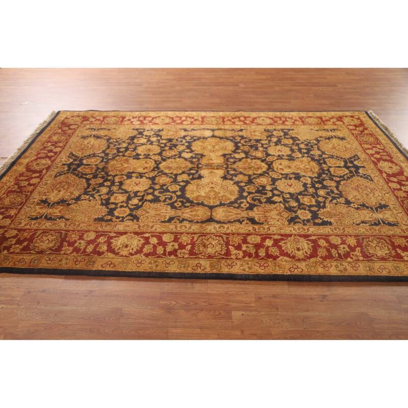 Navy Blue Floral Agra Oriental Area Rug Hand-Knotted Wool Carpet - 5'11" x 8'11"