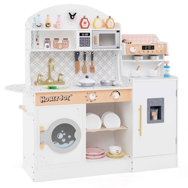Pretend Kids Kitchen Playset Wood Toy Kitchen w/Sound for Aged 3+ - White