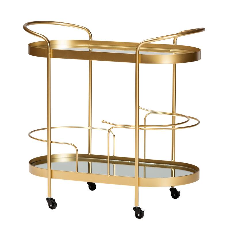 Kamal Glam Brushed Gold Metal and Mirrored Glass 2-Tier Wine Bar Cart