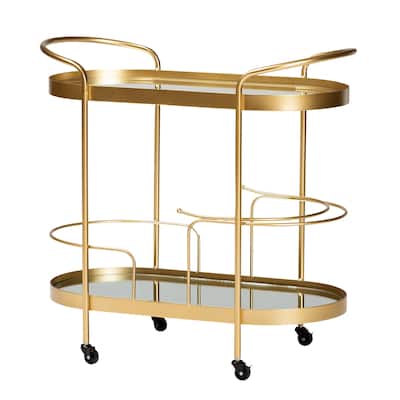 Kamal Glam Brushed Gold Metal and Mirrored Glass 2-Tier Wine Bar Cart
