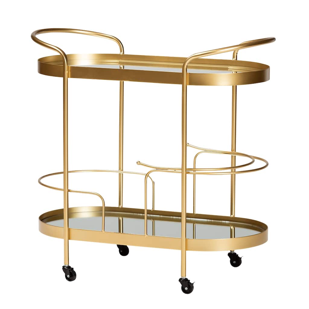 Kamal Glam Brushed Gold Metal and Mirrored Glass 2-Tier Wine Bar Cart