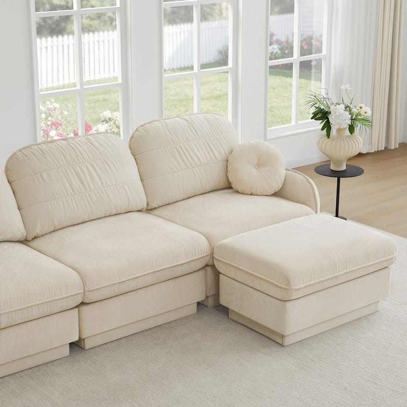 105" Chenille Sectional Sofa with 2 Round Pillows and 2 Movable Ottomans