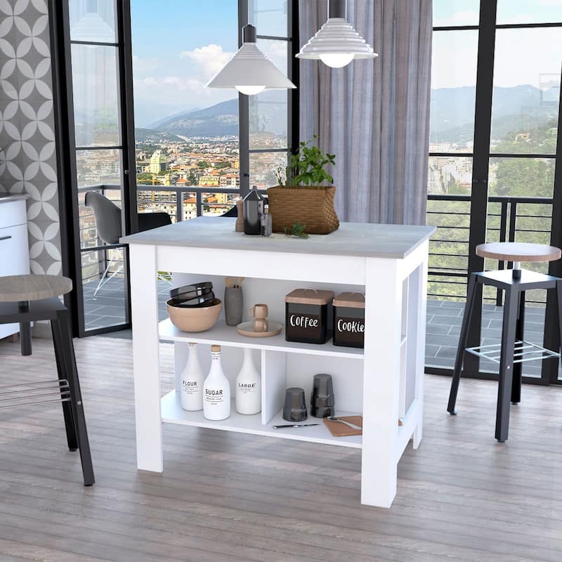 FM Furniture Brooklyn Kitchen Island with Open Storage - White/Ibiza Marble