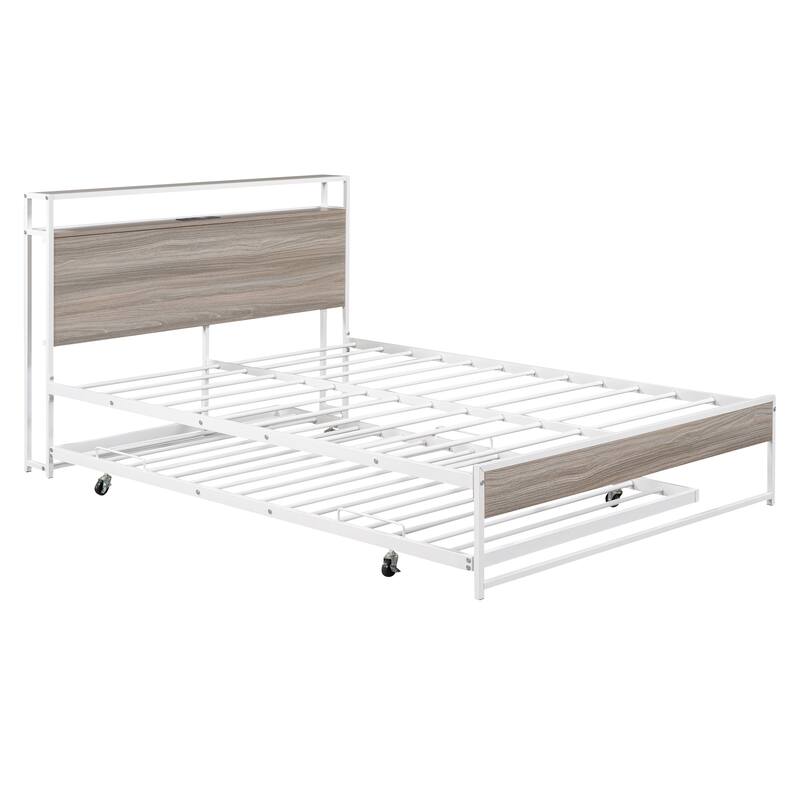 Full Size Metal Platform Bed Frame with Trundle, USB Ports, and Slat Support, No Box Spring Needed, White