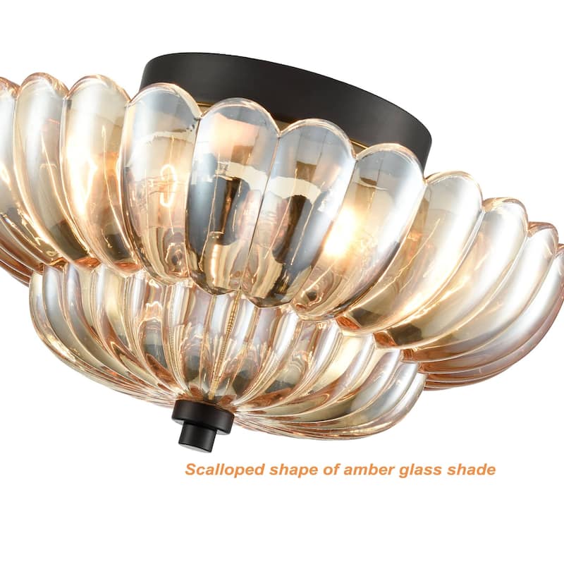 Roscana Modern Black Metal with Scalloped Glass Shade Semi Flush Mount 3-Lights