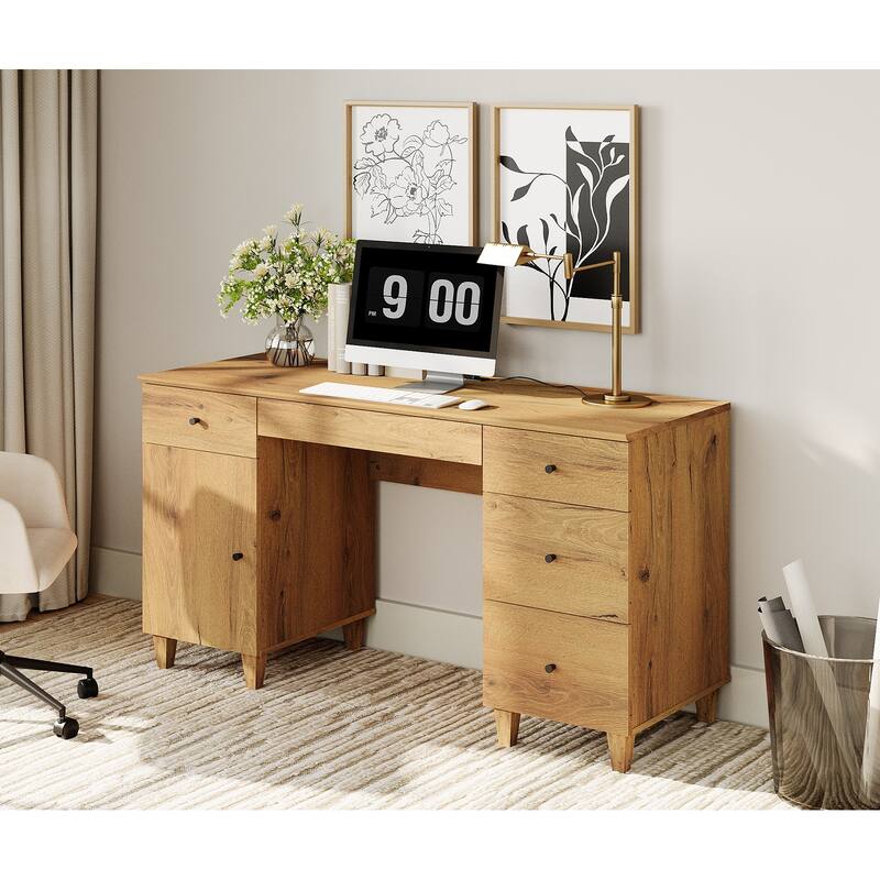 58" Executive Desk with 5 Drawers&Charging Station for Home Office