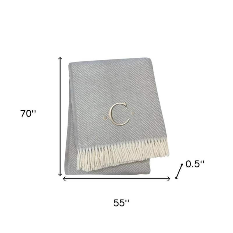 HomeRoots 55" X 70" Gray And White Herringbone Cotton Blend C Initial Throw Blanket with Tassels And Embroidery