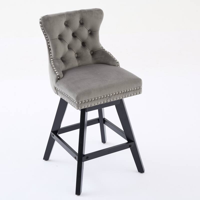 Swivel Velvet Barstools with Button Tufted, Wooden Legs, Chrome Nailhead Trim - Leisure Style Set of 2