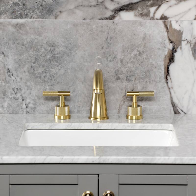 Kingston Brass Convergent Two-Handle 3-Hole Deck Mount Widespread Bathroom Faucet with Knurled Handle and Brass Pop-Up Drain