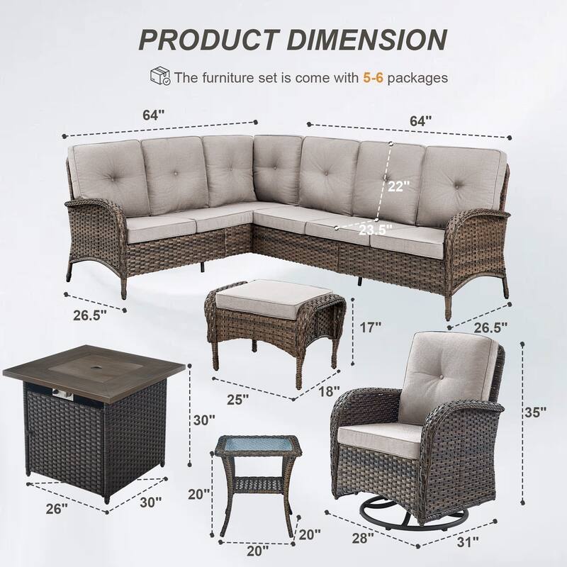 Gymojoy L-Shaped Outdoor Sectional Sofa Set with Fire Pit, Swivel Chairs & Ottomans